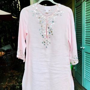 Light pink linen shift/mother-of-pearl accents